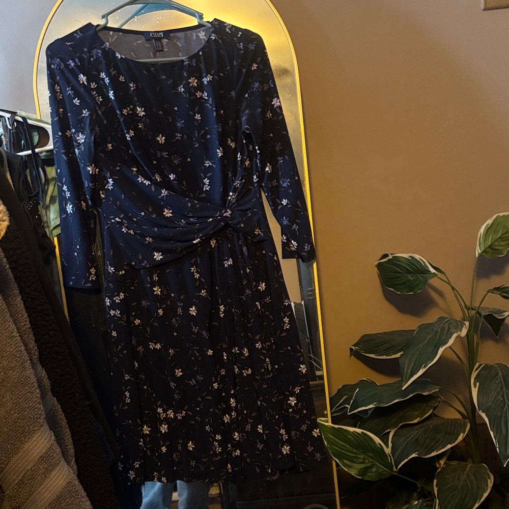 Chaps Dark Blue Floral Long Sleeve Dress